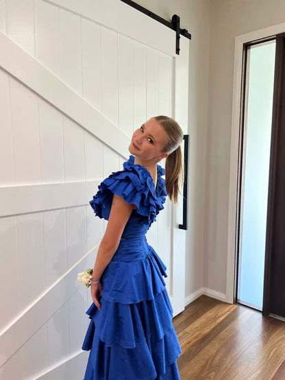 Sapphire Blue V-neck Sleeveless Ruffled Layered A-line Prom Dress Evening Dress TP2759