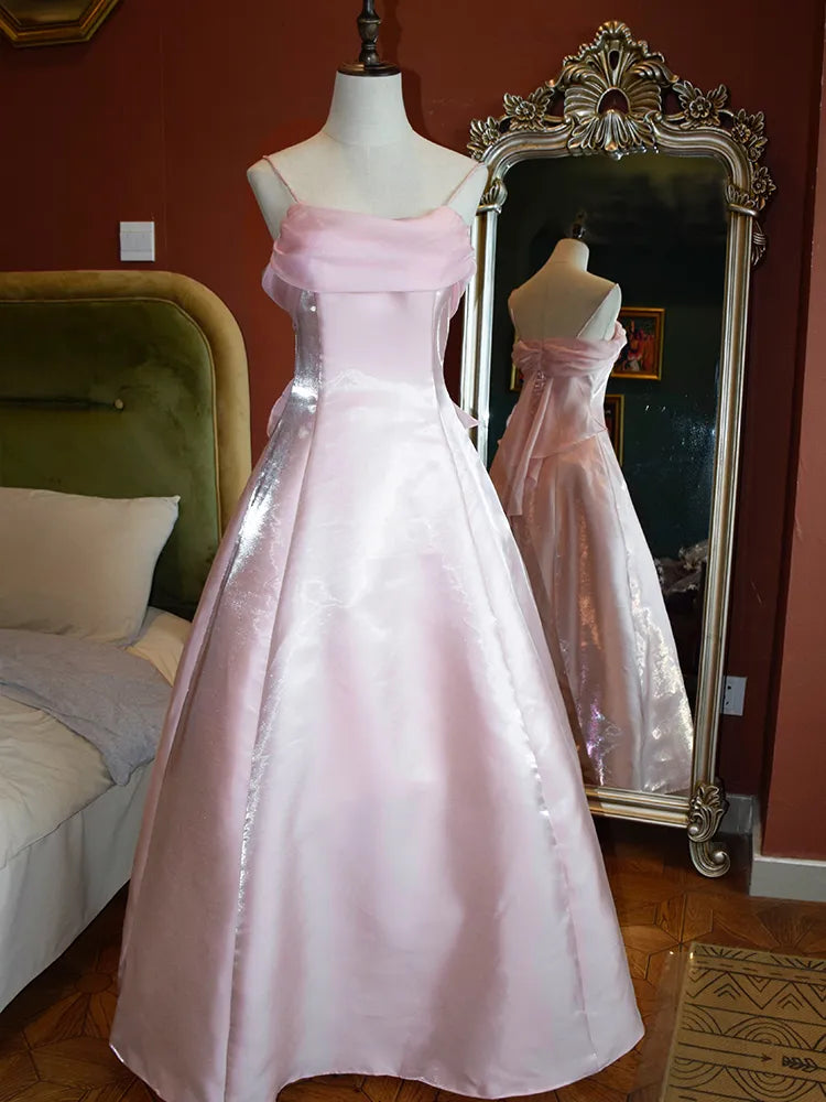 Sweet Pink A-Line Strappy Long Prom Dress Evening Gown TP2760