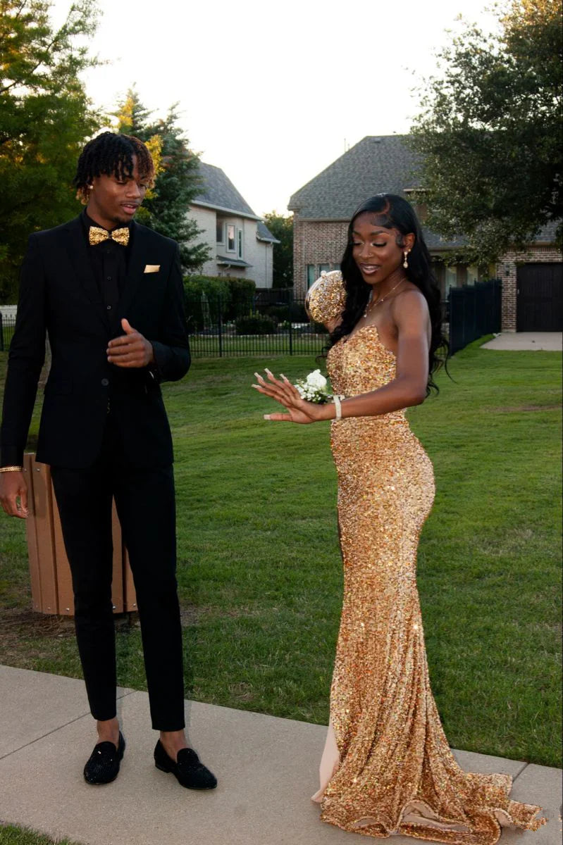 Shiny Gold Strapless Mermaid High Slit Sequin Floor-Mounting Prom Dress Bridesmaid Dress TP2762