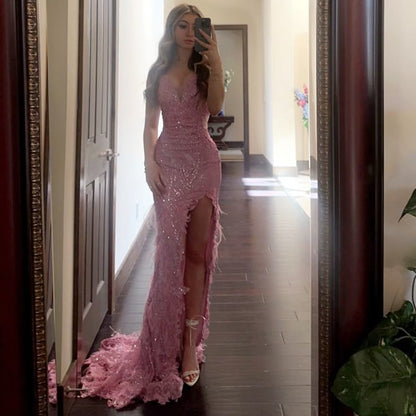 Pretty pink shoulder strap V-neck high slit sequined mermaid floor-length prom dress evening dress TP2763