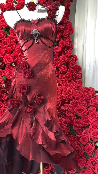 Beautiful Burgundy Spaghetti Strap 3D Rosette Detachable Flounce Sleeves Design Satin Prom Dress Evening Dress TP2764