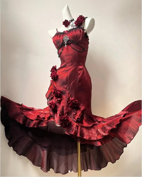 Beautiful Burgundy Spaghetti Strap 3D Rosette Detachable Flounce Sleeves Design Satin Prom Dress Evening Dress TP2764