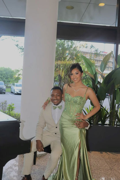 Simple Green Satin Strapless Slit Sequin Mermaid Prom Dress Evening Dress TP2770