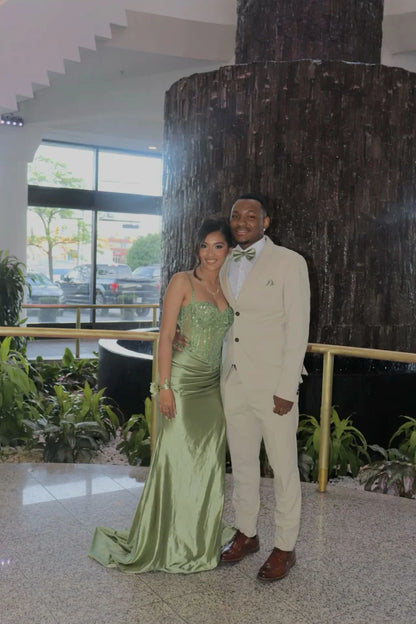 Simple Green Satin Strapless Slit Sequin Mermaid Prom Dress Evening Dress TP2770