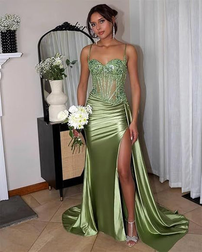 Simple Green Satin Strapless Slit Sequin Mermaid Prom Dress Evening Dress TP2770