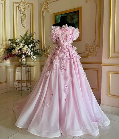 Sweet Pink Strapless 3D Flower A-Line Beaded Long Prom Dress TP2788