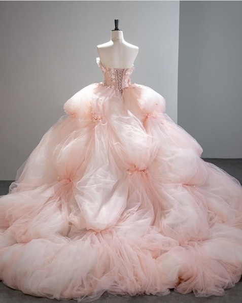 Pretty Pink Strapless A-Line 3D Flower Tulle A-Line Wedding Dress Evening Gown TP2789