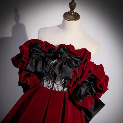 Burgundy Velvet Long Prom Dress, Off the Shoulder A-Line Evening Dress  TP295