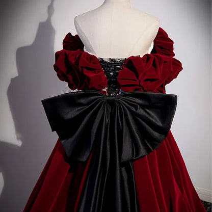 Burgundy Velvet Long Prom Dress, Off the Shoulder A-Line Evening Dress  TP295