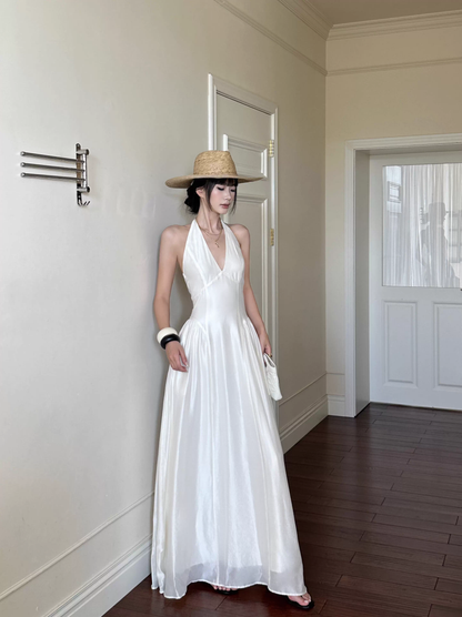 Sexy Halter V Neck White A Line Long Party Dress Formal Evening Gown