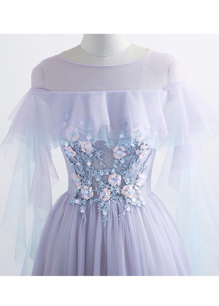 Princess Tulle Jewel Floor-length Prom Dress With Lace Appliques