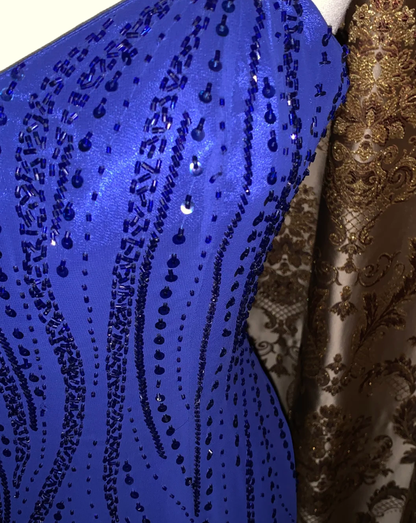 Gorgeous Spaghetti Straps V Neck Blue Satin Beaded Long Birthday Party Dress Formal Evening Gown