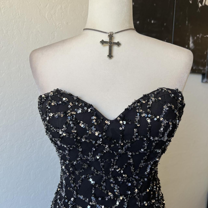Vintage Strapless Black Sequin Sheath Cocktail Dress Short Homecoming Dress SP59