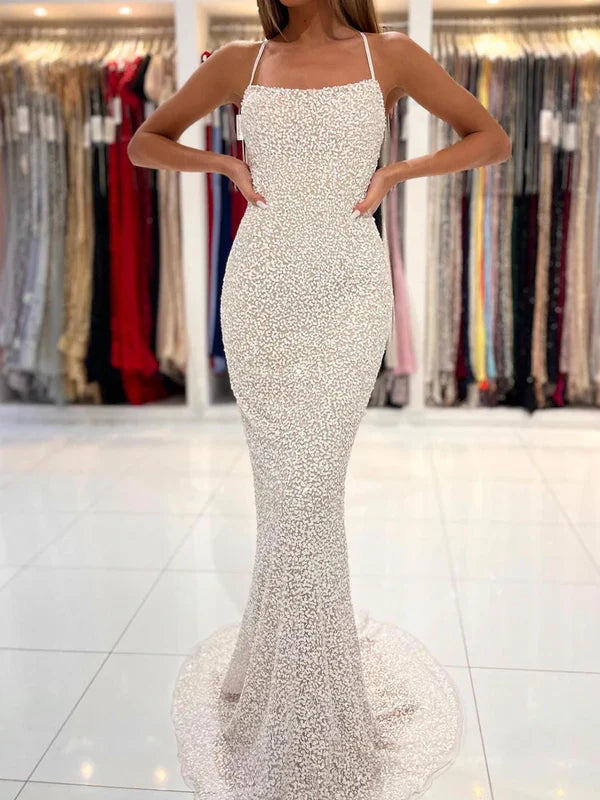 Spaghetti Straps Pearl Prom Dresses Sparkly Sheath Formal Dress Evening Dress Wholesale