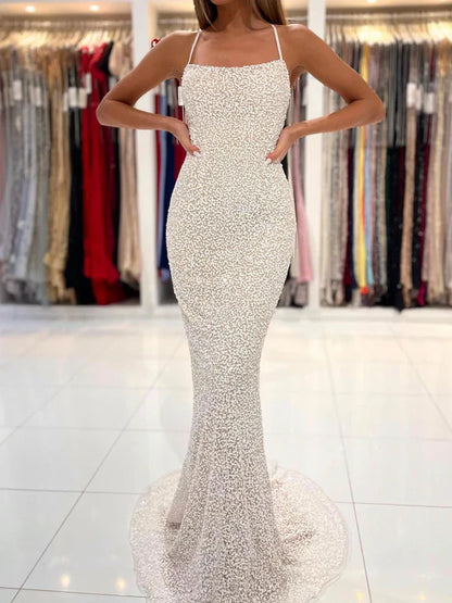 Spaghetti Straps Pearl Prom Dresses Sparkly Sheath Formal Dress Evening Dress Wholesale