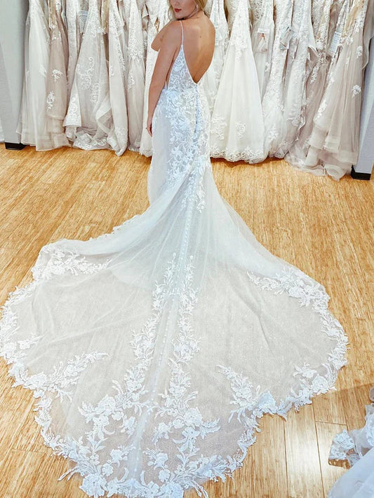 Amazing Spaghetti Straps Appliques Lace Wedding Dresses Mermaid Chapel Train Bridal Gowns Beautiful