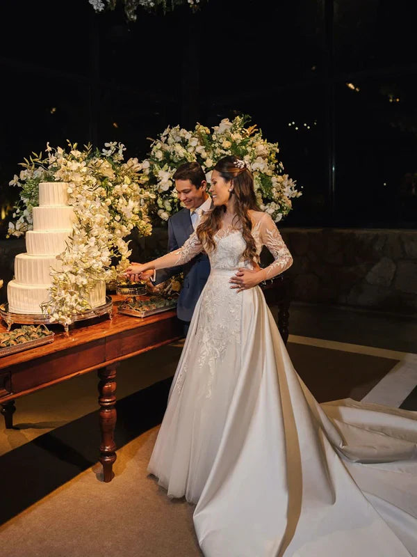 Illusion Rustic Lace Long Sleeves Tulle Wedding Dress With Detachable Satin Wedding Gown Elegant Wholesale