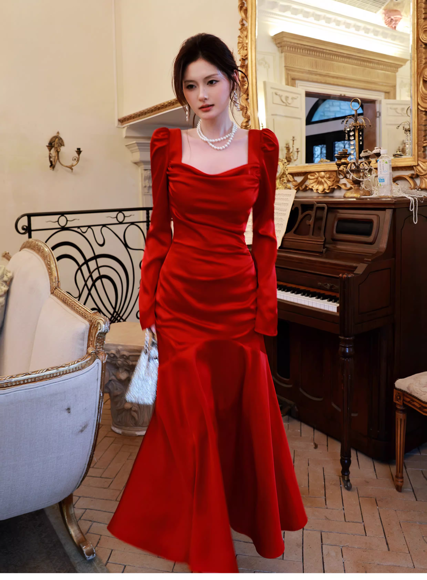 Chic Red Satin Mermaid Long Evening Dress Formal Birthday Prom Gowns SP1647
