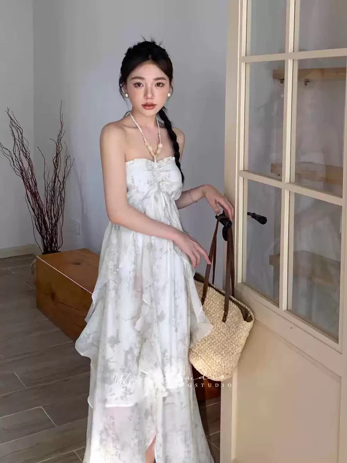 Classy Blue Halter A Line Ruffled Floral Long Party Dress Women's  Vacation Dress Y9320