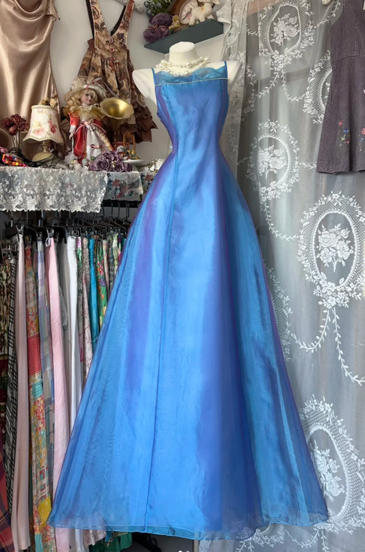 Retro Blue Spaghetti Straps A Line Long Party Dress Prom Gown