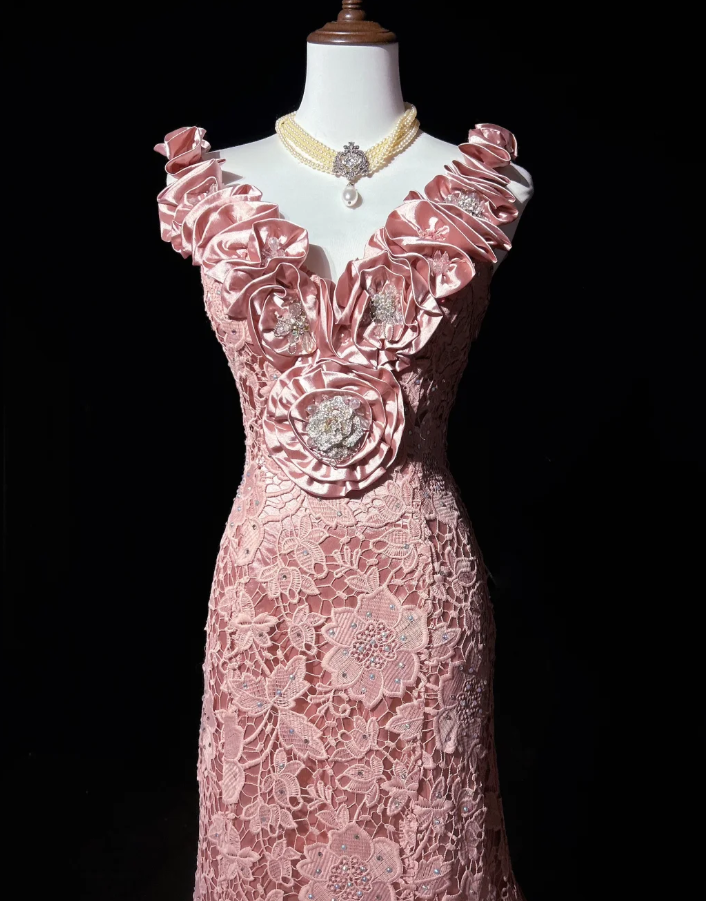 Pretty Pink V Neck Lace Mermaid Birthday Prom Dress Long evening Dress Party Gown