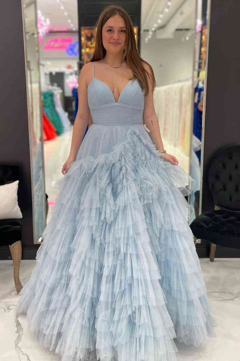 Princess Pink Strappy Frill-Layered A-Line Long Prom Dress Y1873