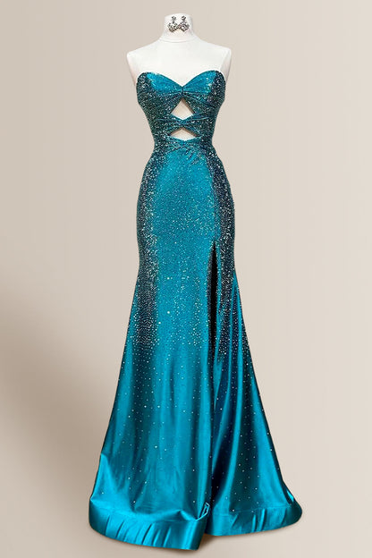 Teal Sweetheart Cutout Mermaid Satin Prom Dress with Sparkle Beading and High Slit