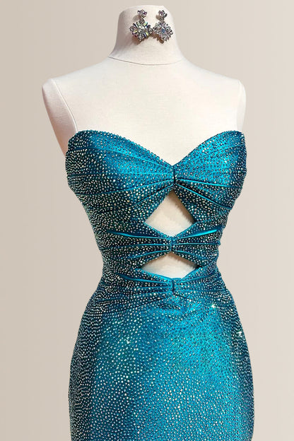 Teal Sweetheart Cutout Mermaid Satin Prom Dress with Sparkle Beading and High Slit