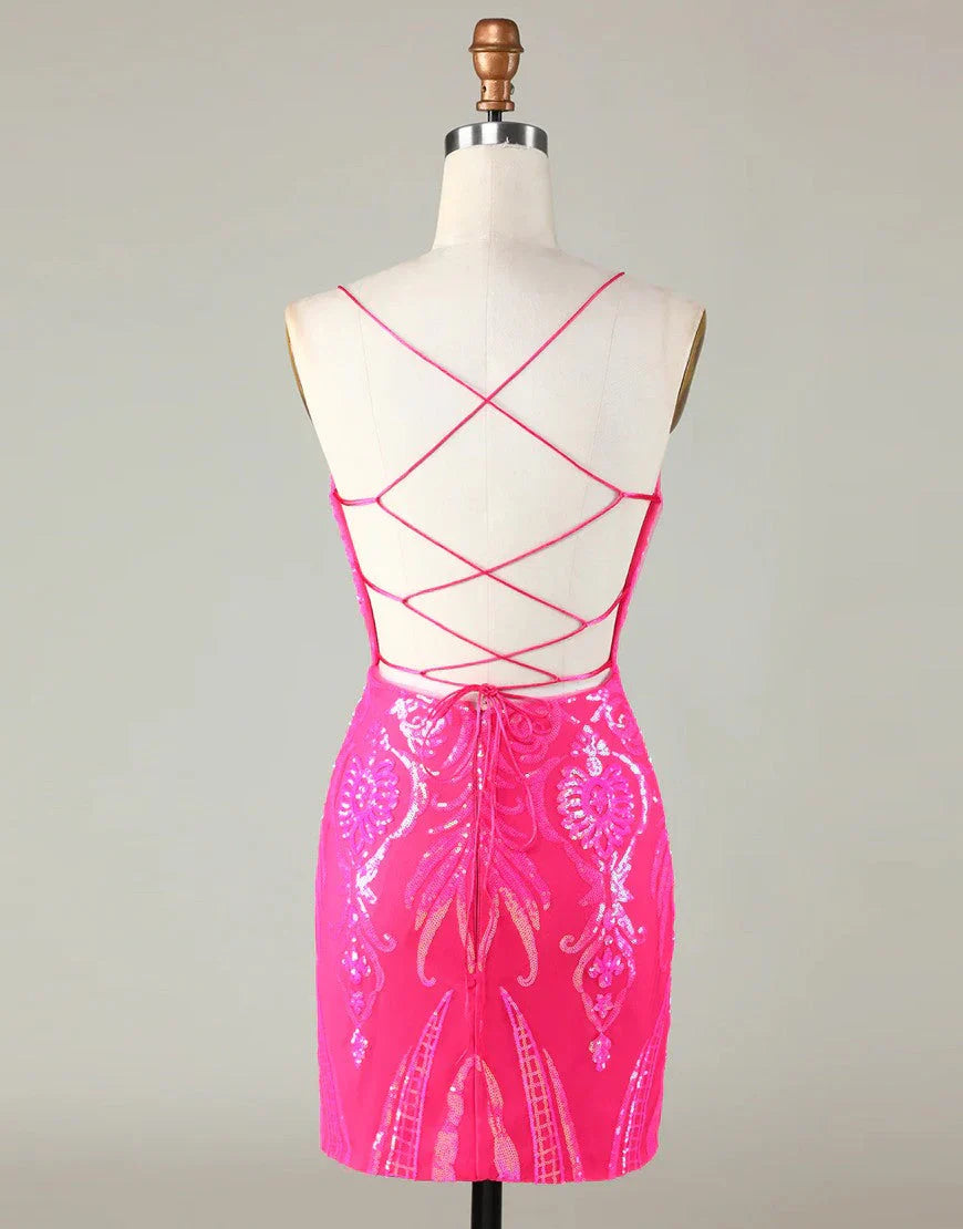 omberprom Fashionable and Beautiful Homecoming Dress Trend Hot Pink Lace Up Tight Glitter