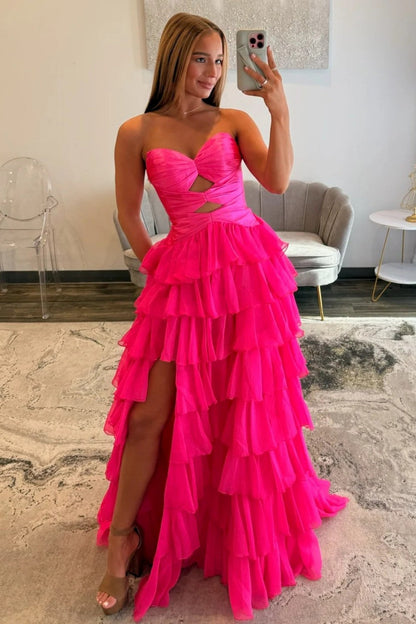 Trendy A Line Sweetheart Hot Pink Long Prom Dress with Ruffles Keyhole