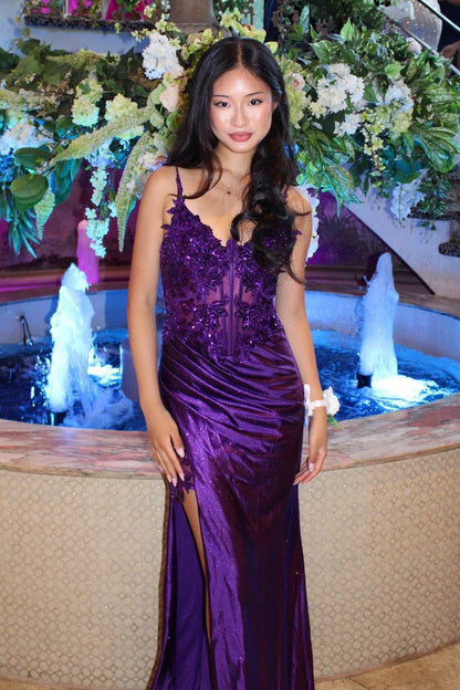 Trendy Mermaid Spaghetti Straps Purple Corset Prom Dress with Appliques