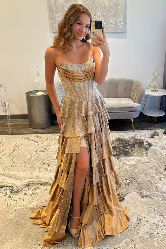 Trendy Sparkly Champagne Corset Beaded Prom Dress with Tiered Ruffles and Front Slit