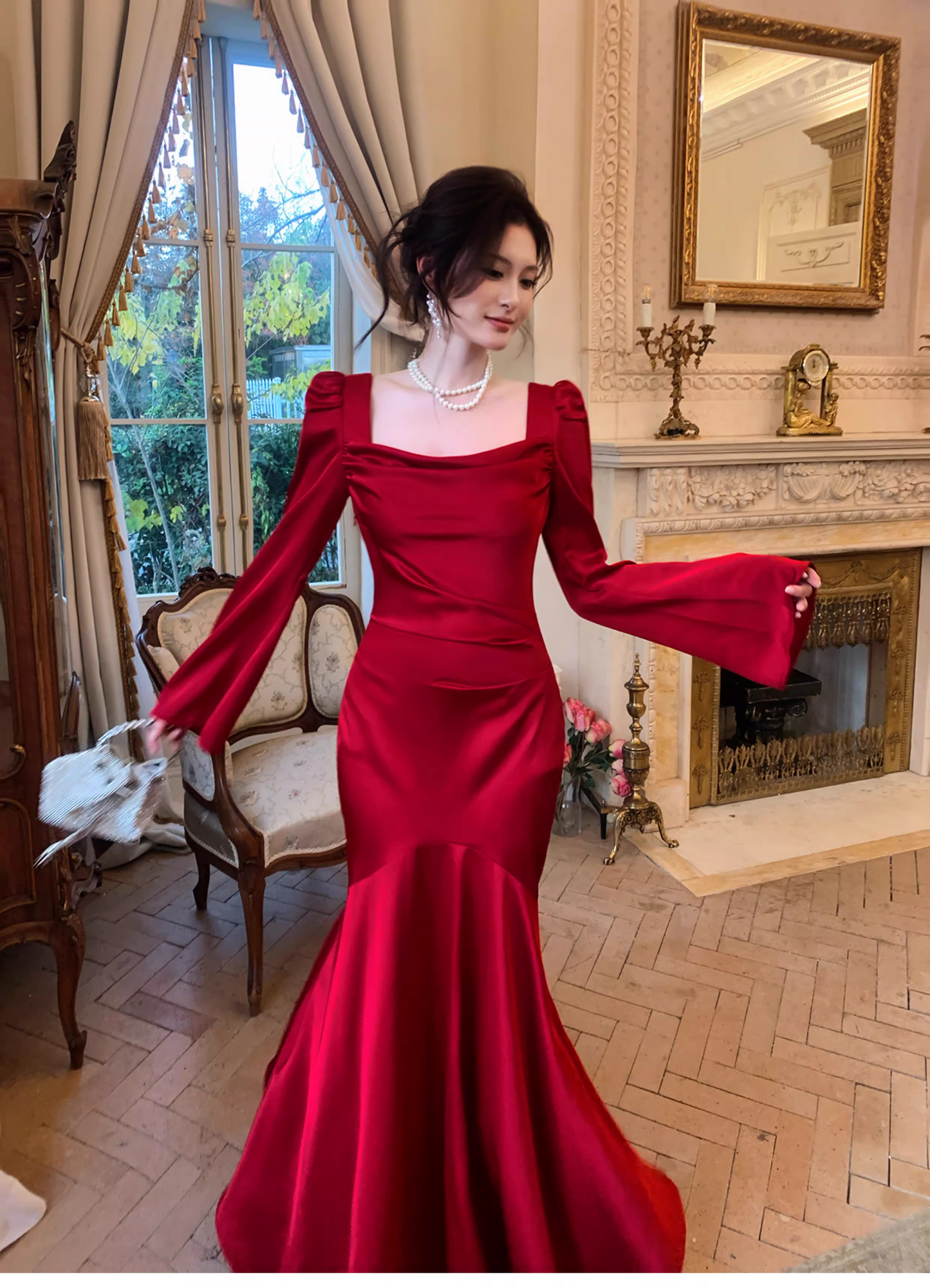 Chic Red Satin Mermaid Long Evening Dress Formal Birthday Prom Gowns SP1647