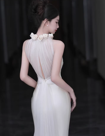Charming Halter 3D Flowers Sleeveless White Satin Mermaid Long Wedding Dress Formal Bridal Dress SP2019