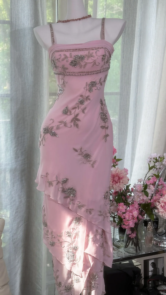 Sweet Spaghetti Straps Pink Chiffon Beaded Layered Mermaid Prom Dress Birthday Party Gown
