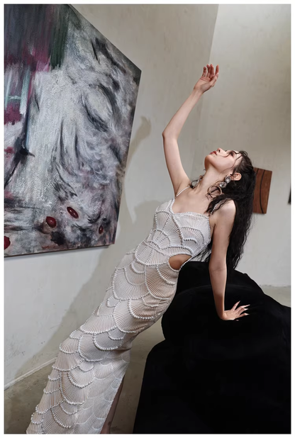Unique Spaghetti Straps Sequin Pearls Sheath Slit Long Party Dress Birthday Evening Gown