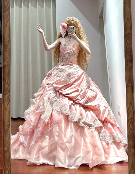 Retro Strapless Ball Gown Pink Satin Tulle Pleated Appliques Quinceanera Dress Sweet 16 Dress