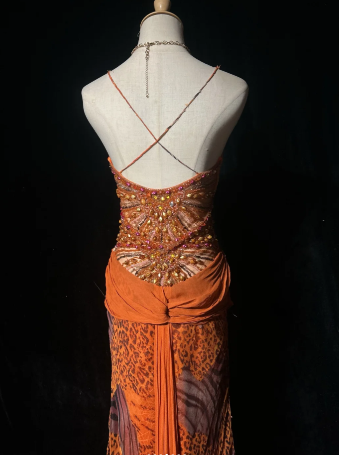 Elegant Spaghetti Straps Chiffon Lace Beaded Mermaid Evening Dress Orange Long Party Gowns