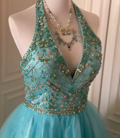 Gorgeous Halter Tulle Beaded Short Birthday Outfits Blue A Line Homecoming Dress  Y9054