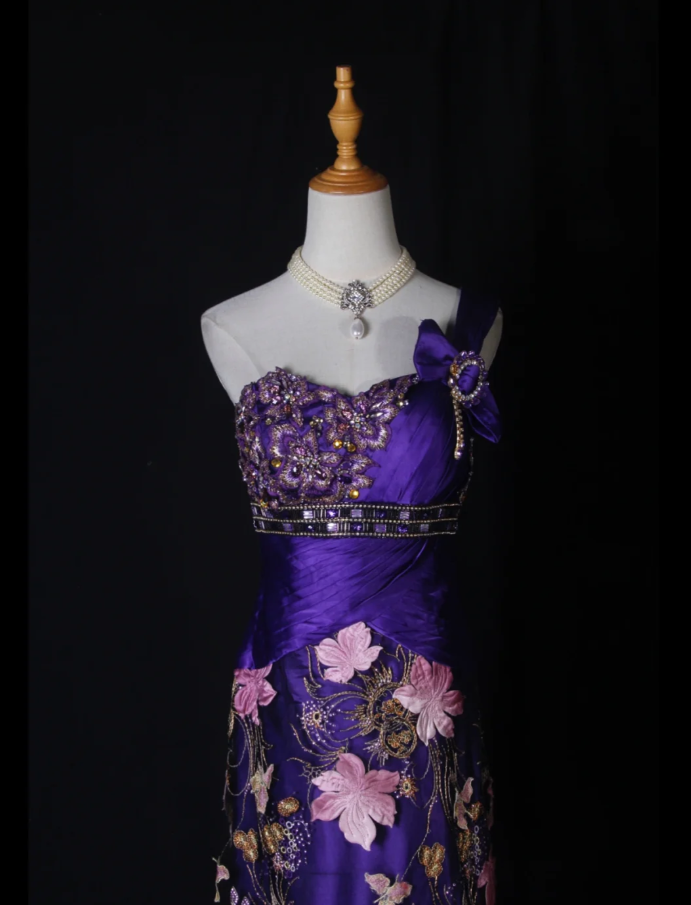 Charming Purple One Shoulder Satin Pleated Beaded Mermaid Prom Dress Evening Gown With Embroidery Appliques