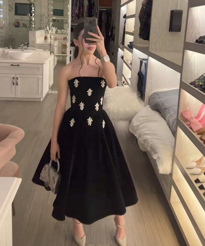 Elegant Strapless Black Velvet Beaded A Line Birthday Outfits Long Evening Gown SP1012