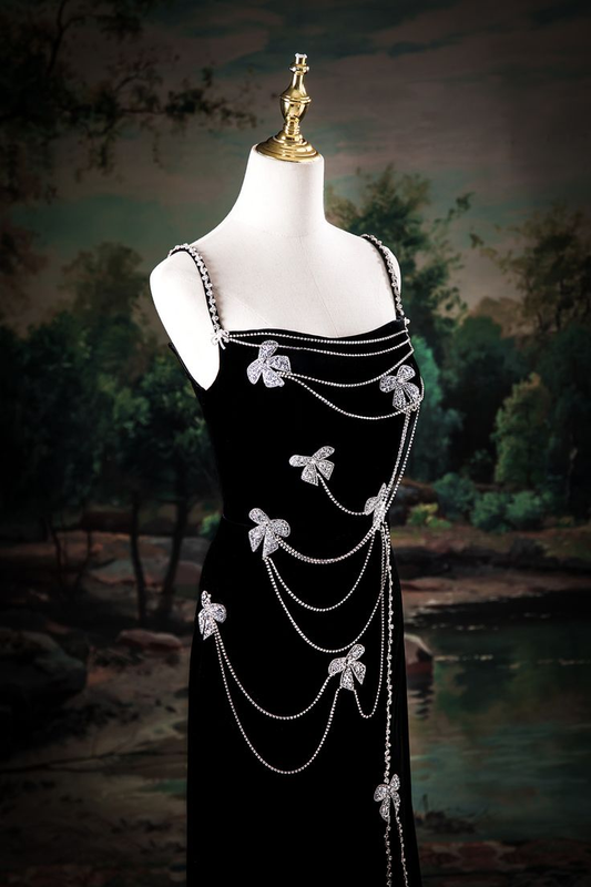 Elegant Black Velvet Spaghetti Straps Slit Beaded Mermaid Evening Dress Long Birthday Party Gown