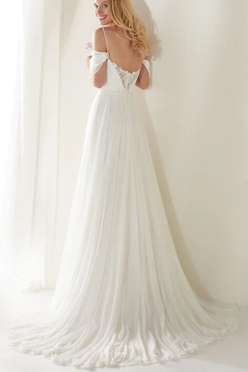 omberprom Elegant A-Line Spaghetti Straps Off-the-Shoulder Sweep Train Wedding Dress