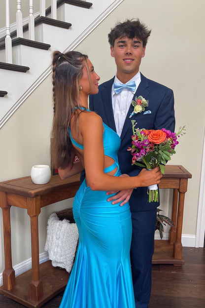 V-neck Open Back Ruched Mermaid Graduation Dress Formal Dresses Long