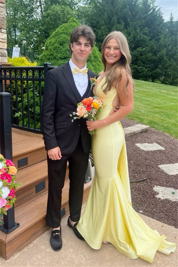 Yellow Open Back Mermaid Long Gala Dress Woman for Party