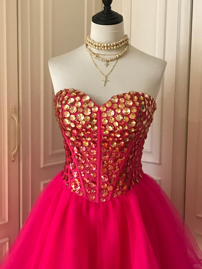 Charming Sweetheart Neck Red tulle Beaded Cocktail Dress Short Homecoming Dress Y9055