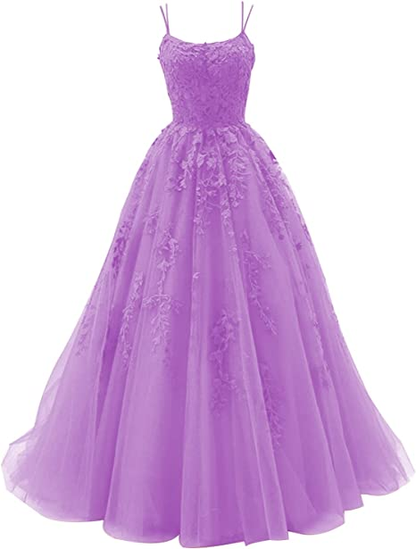 Spaghetti Straps Prom Dress Long Tulle Lace Appliques Backless Princess Wedding Formal Party Dresses Y1847