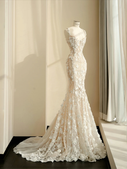 Classy Tulle Lace Appliques Mermaid Prom Evening Dress,Long Wedding Dress Y8681
