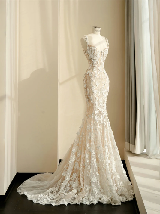 Classy Tulle Lace Appliques Mermaid Prom Evening Dress,Long Wedding Dress Y8681