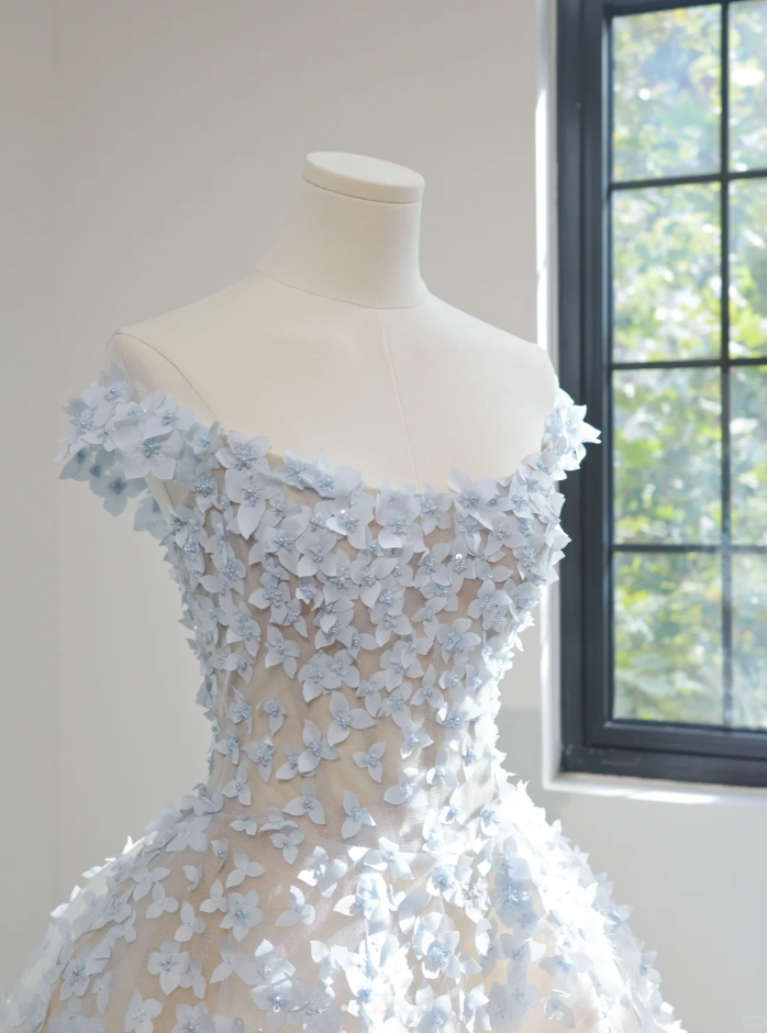 Fairy Strapless Blue Tulle 3D Flowers Beaded Ball Gown Pretty Long Wedding Dress